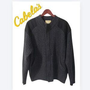 Cabelas Mens XL Ribbed Lambswool Full Zip Sweater Elbow Patch Grey EUC Fisherman